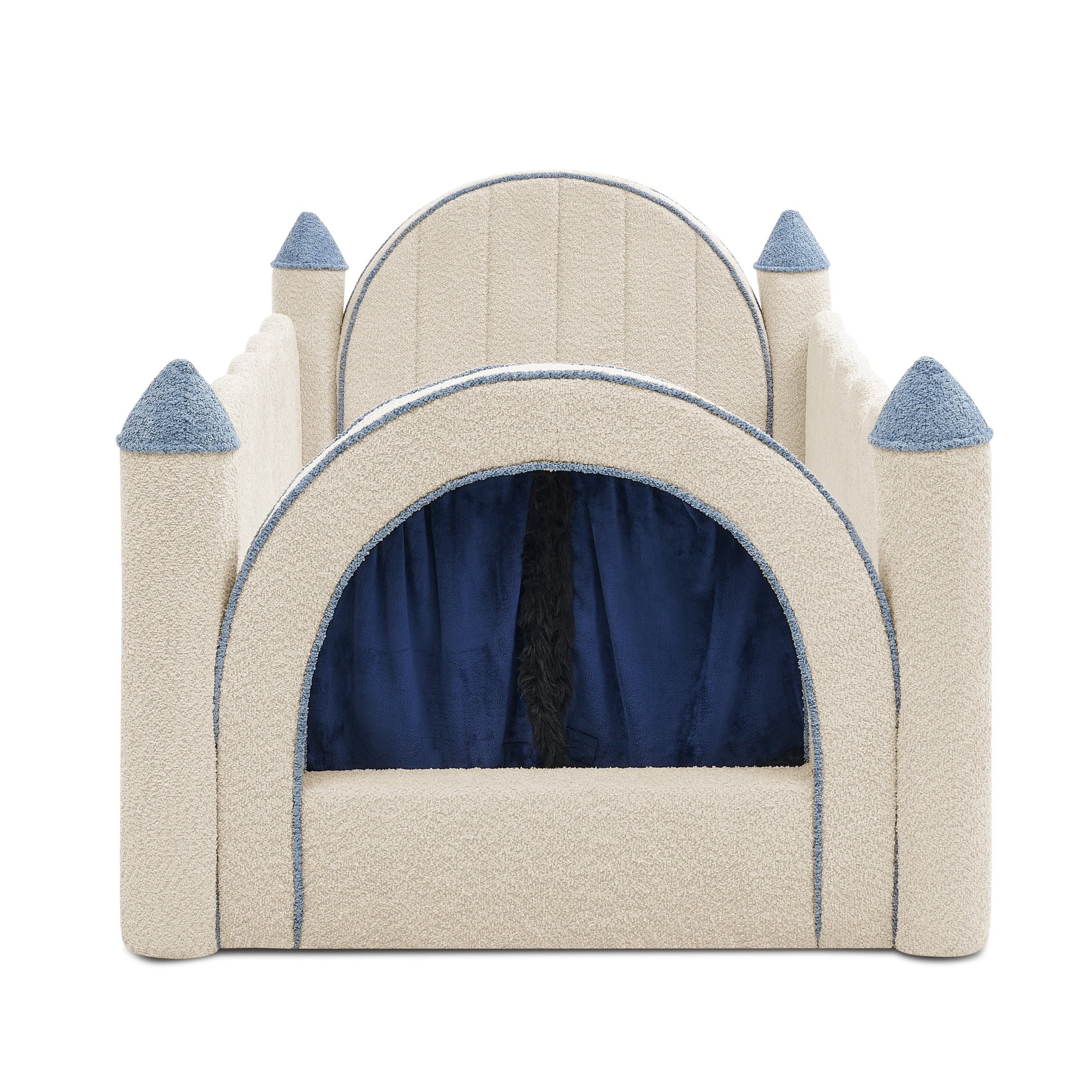 Twin Size Castle-Shaped Kids Floor Bed with Safety Guardrail, Low Profile Upholstered Platform Bed Frame with Small Curtain