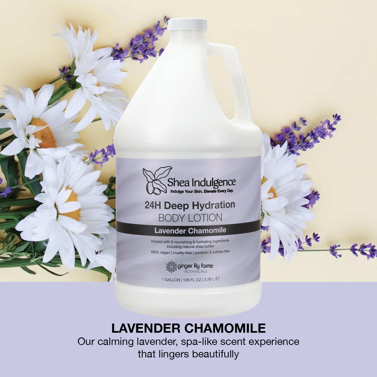 Ginger Lily Farms Botanicals Shea Indulgence 24H Deep Hydration Body Lotion, 100% Vegan & Cruelty-Free, Lavender Chamomile Scent, 1 Gallon (128 fl oz) Refill
