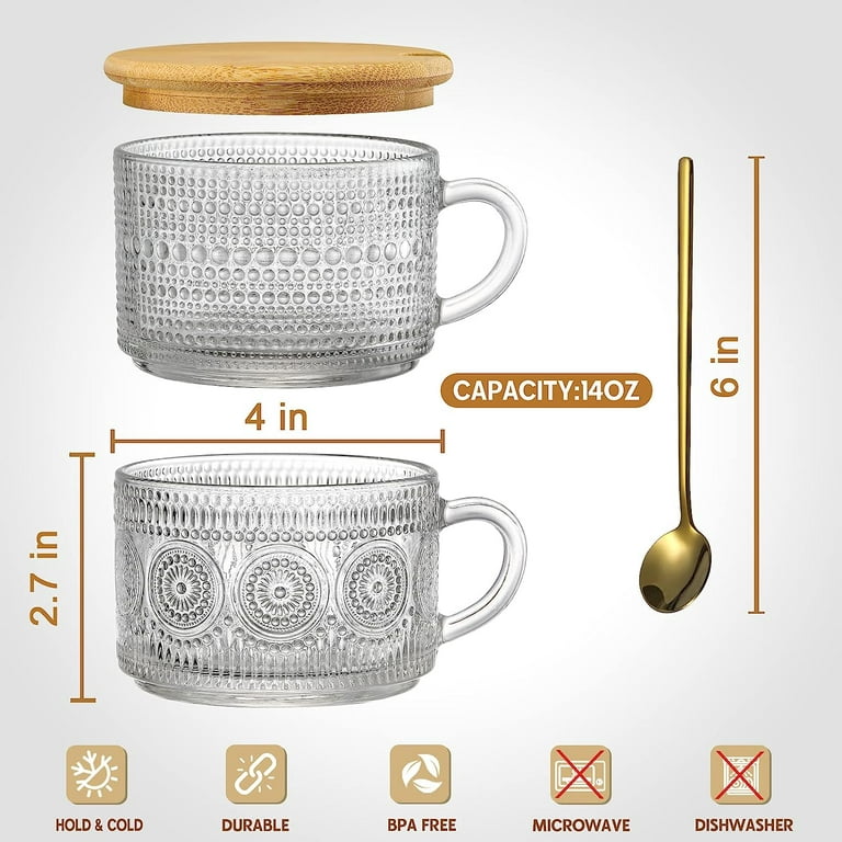 Ymyaye Vintage Glass Coffee Mugs Set of 2, 14 Ounces Embossed Glass Coffee  Cups Stackable Coffee Mug…See more Ymyaye Vintage Glass Coffee Mugs Set of