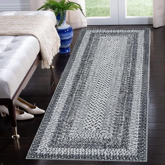 2x8 Ft Runner Rug Living Room Washable Non Slip Low-Pile Vintage Braided Print Grey