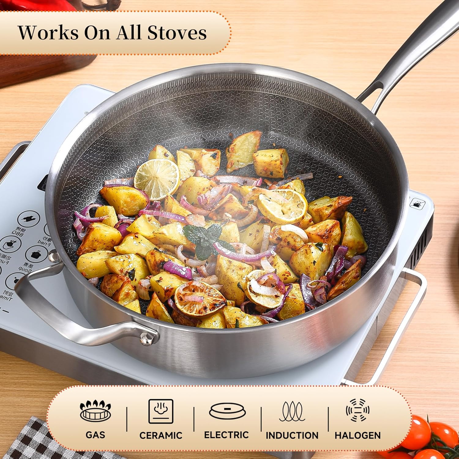 LOLYKITCH 7 Quarts Hybrid Non Stick Tri-Ply Stainless Steel Sauté Pan with Lid,12 inch Deep Frying Pan,Large Skillet,Induction Cooking Pan,Oven Safe and Detachable Handle.