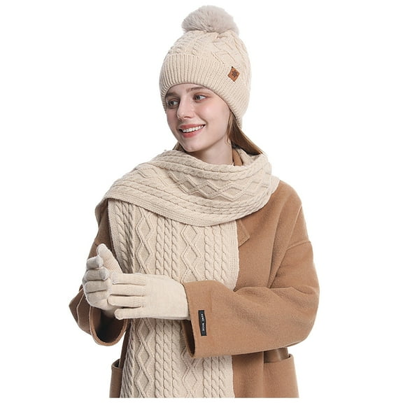 UJNDER Womens Scarf Hat and Gloves Set Lined Winter Ensemble With Long Knit Scarf and Touchscreen Gloves for Cold Weather Beige
