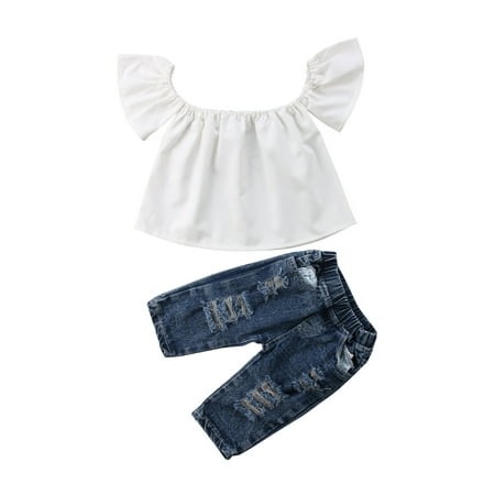 

Summer Toddler Kids Baby Girls Off Shoulder Tops+ Denim Long Pants 2pcs Outfits Set