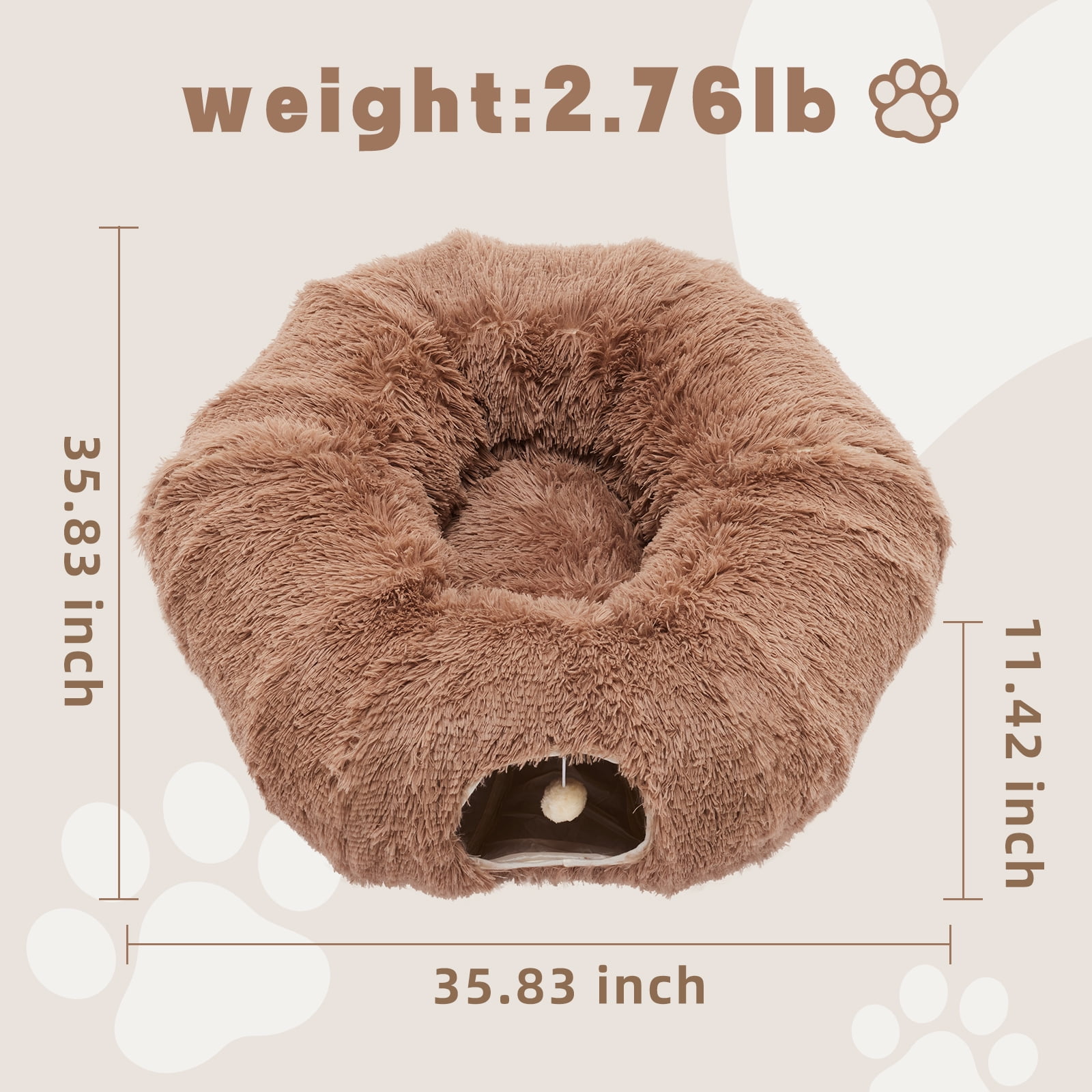 LIFERECORD Cat Tunnel with Cat Bed for Indoor Cats, Under Christmas Tree Soft Plush Peekaboo Cat Cave Donut Tunnel, Multifunctional Playground Toys Hideplace for Kittens, Rabbit - Brown