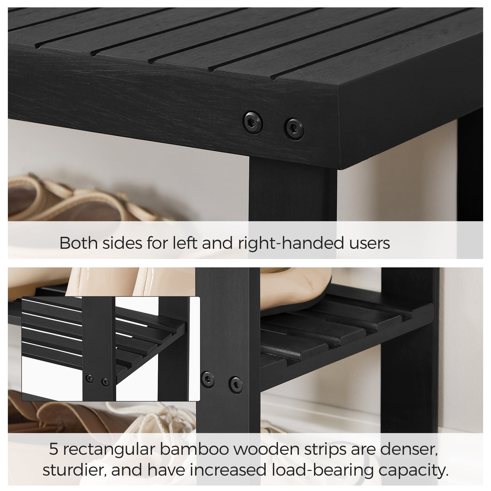 3-Tier Shoe Rack Bench, Hallway Bamboo Organizer, Home Storage Shelf with Holds 286 lb, Black