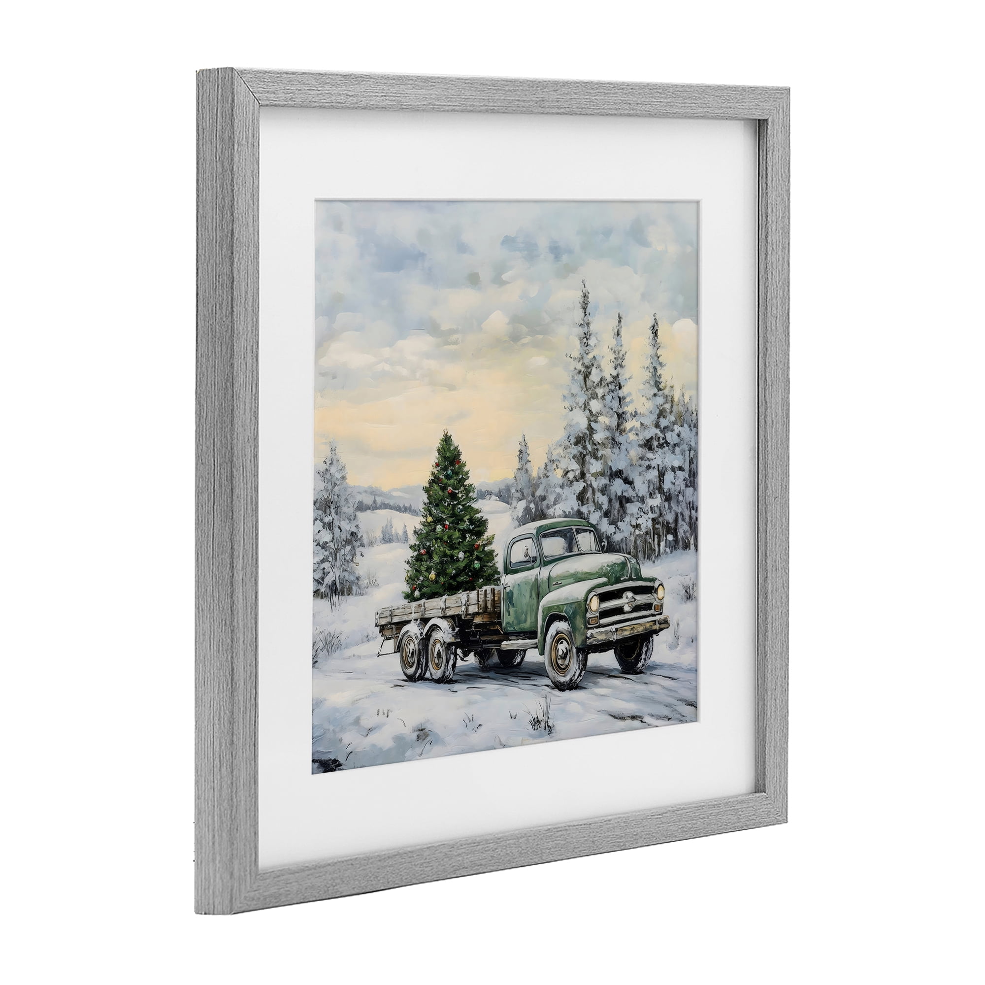 Green Christmas Tree Truck Gray Framed Print Under Glass, design by Petal Prints Design