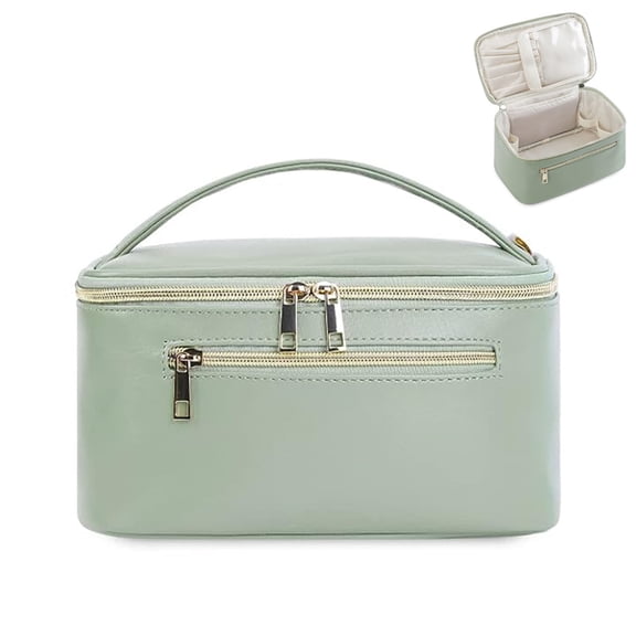 Travel Makeup Bag, Portable Cosmetic Bags Make Up Organizer for Women with Handle, Men Toiletry bag for Brushes, PU Leather, for Gift, Green