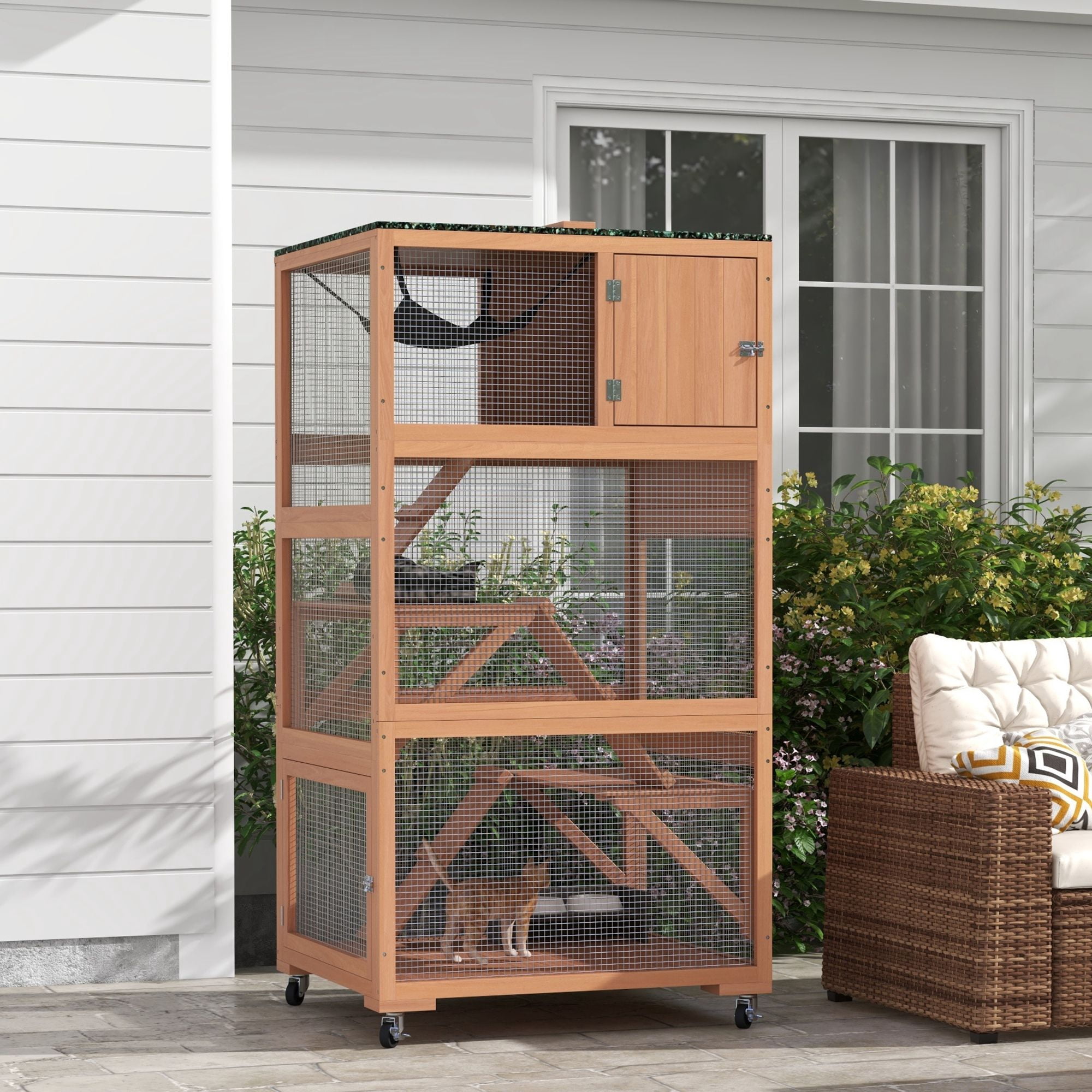 PawHut Outdoor Catio Enclosure, Fir Wood Cat Cage with Hammock, Ramps & Sleeping Box, Mobile Catio on Wheels for Patio or Yard, 33.75"L x 31.5"W x 66"H, Orange