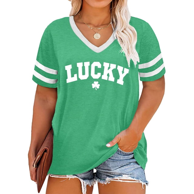 Camiseta QAUN para el Día de San Patricio para mujer, talla grande, cuello en V, verde