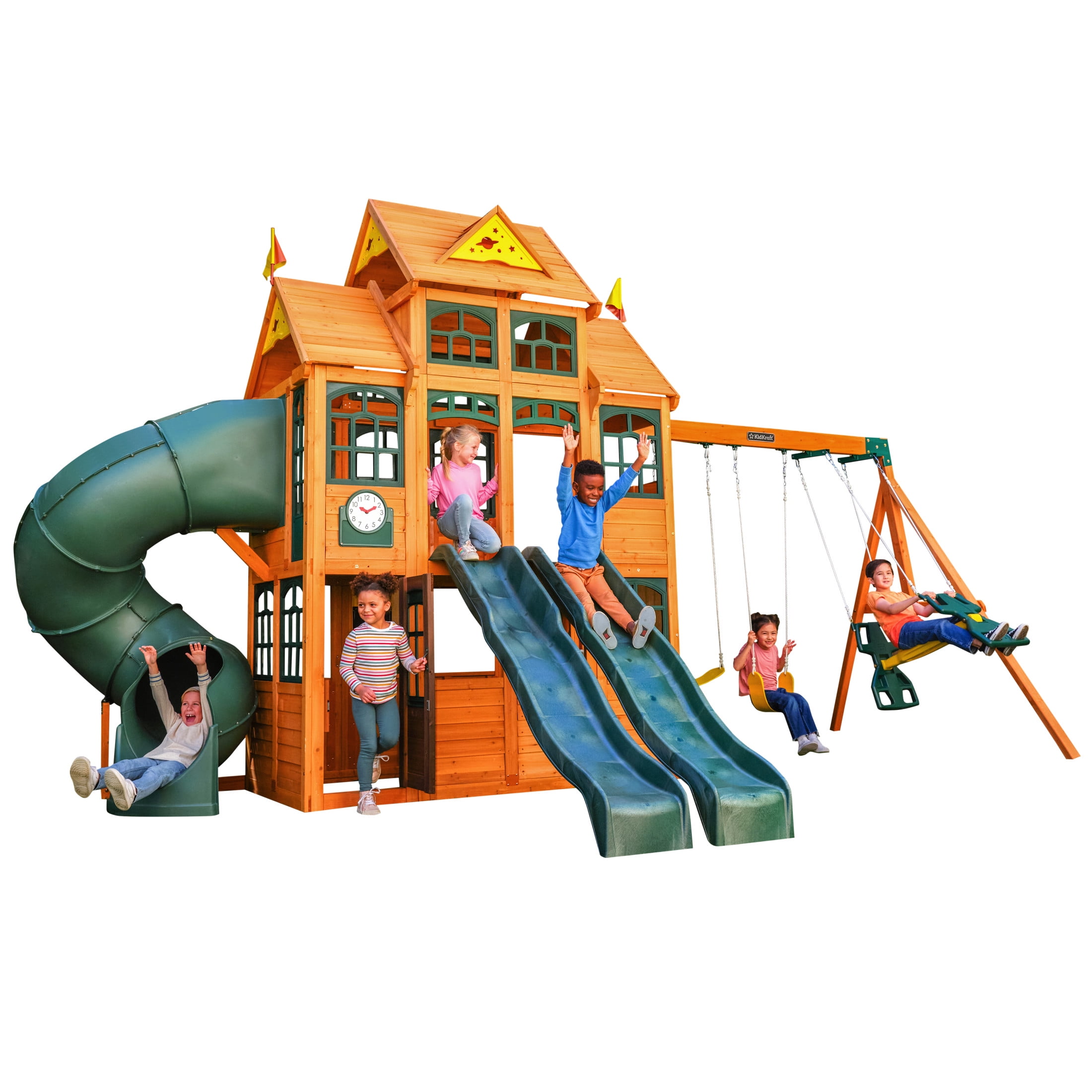 KidKraft Falcon Ridge Outdoor Deluxe Wooden Swing Set Playset with Kitchen Slides Glider and Tower Walmart