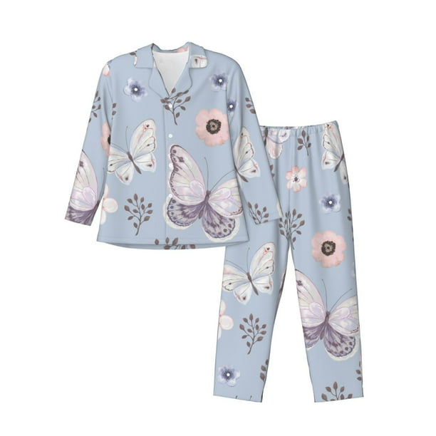 Balery Blue Butterfly Pijama para Hombre de Dos Piezas con Manga Larga, Conjunto de Dormir y Descanso Suave con Bolsillos-Large