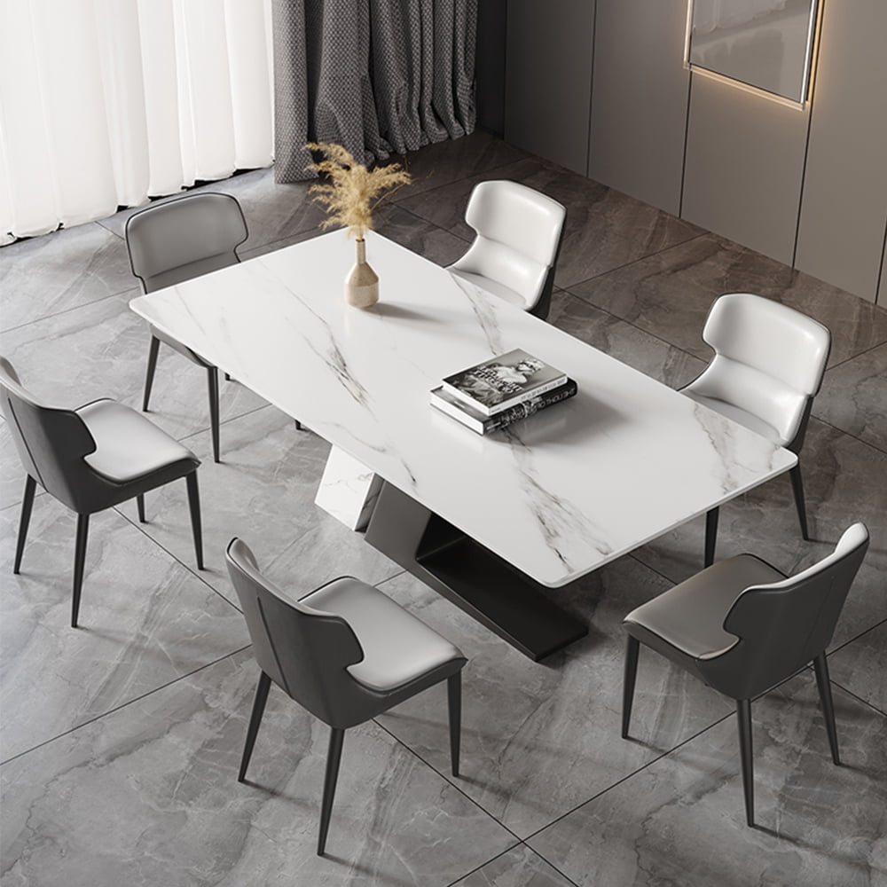 POVISON 63"Modern Luxury White Rectangular Dining Room Table for 4, Glossy Sintered Stone Tabletop, White and Black Z-shaped Stainless Steel Base