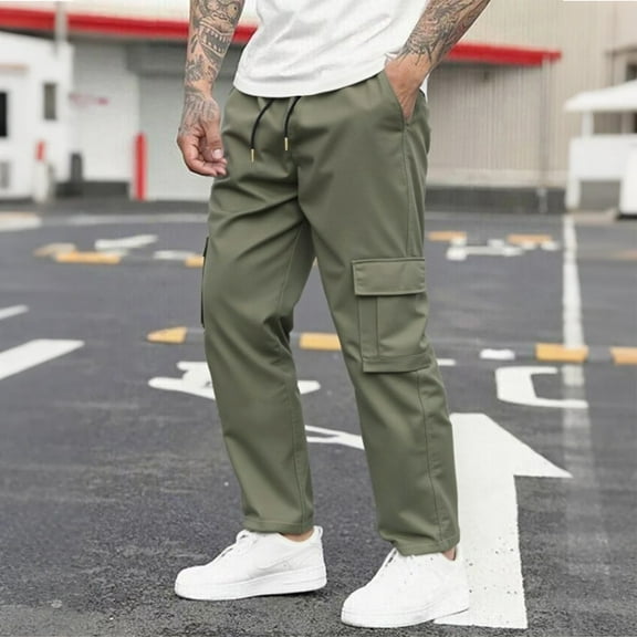 Domuza Men's Cargo Sweatpants Stretch Waist Drawstring Loose Fit Athletic Workout Pants Trendy Casual Wide Leg Fleece Joggers with Pockets Army Green L