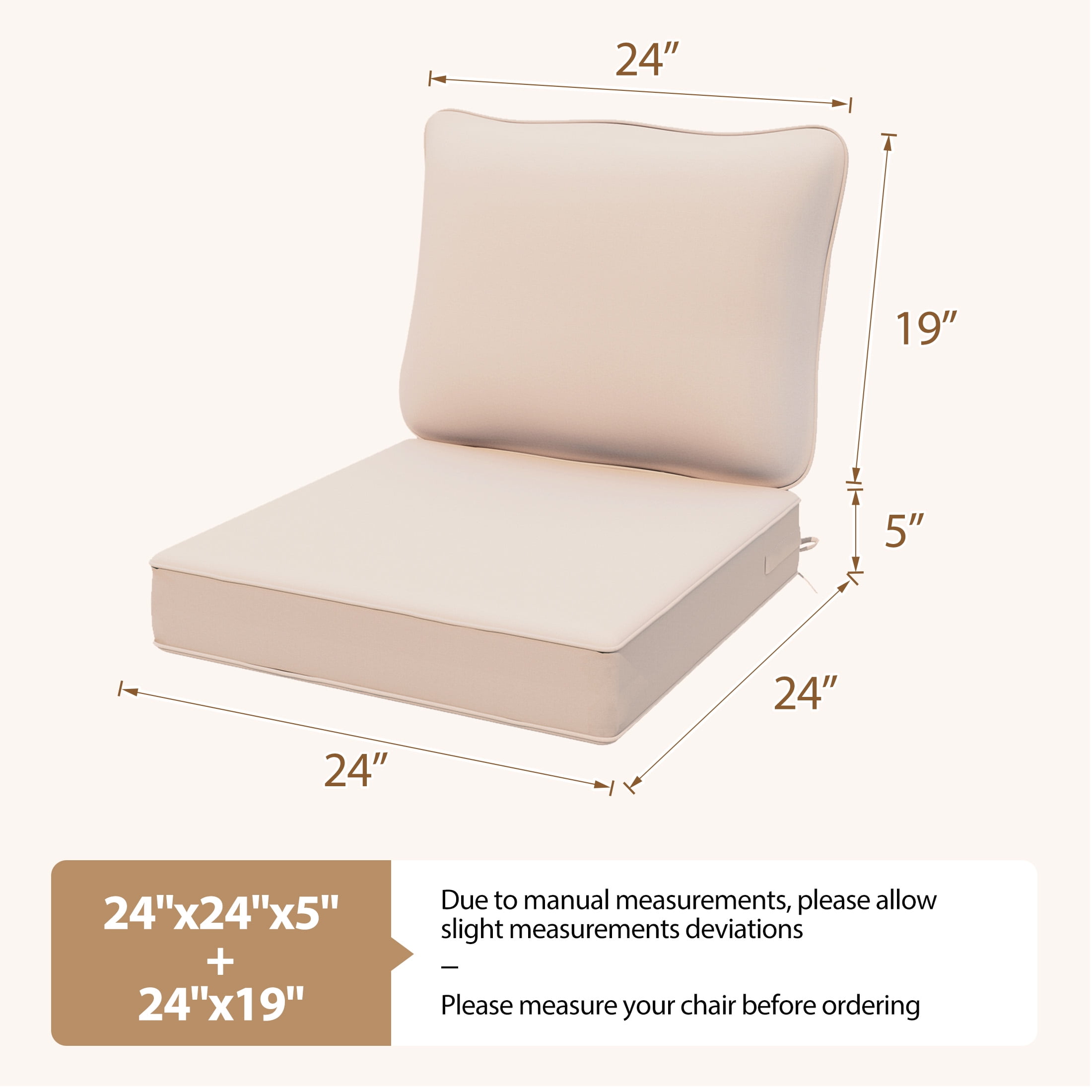 24 x 24 Waterproof Outdoor Deep Seat Cushion for Patio Furniture Cushion Replacement, Peachy Tan
