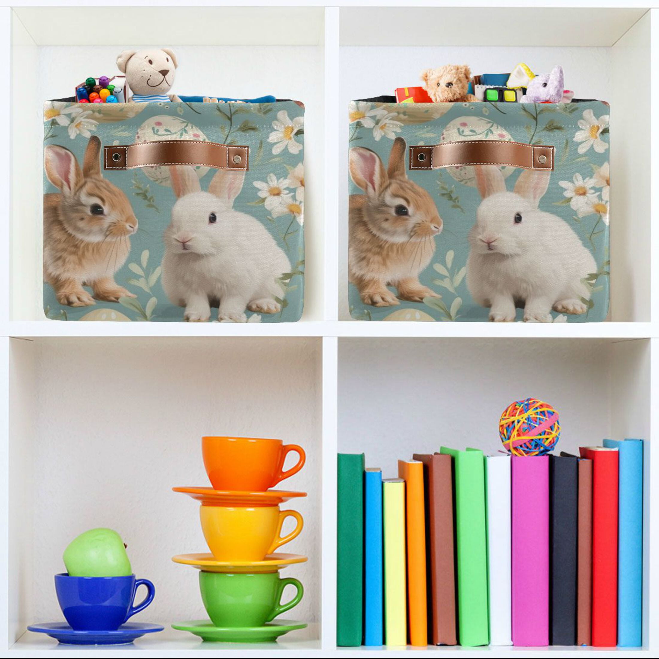 Easter Rabbit Eggs Flower Storage Bins with Handle Fabric Organizer Basket Foldable Box 2 Pack 14.2x10.2x8.3
