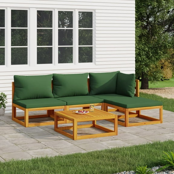 vidaXL 5 Piece Patio Lounge Set with Green Cushions Solid Wood