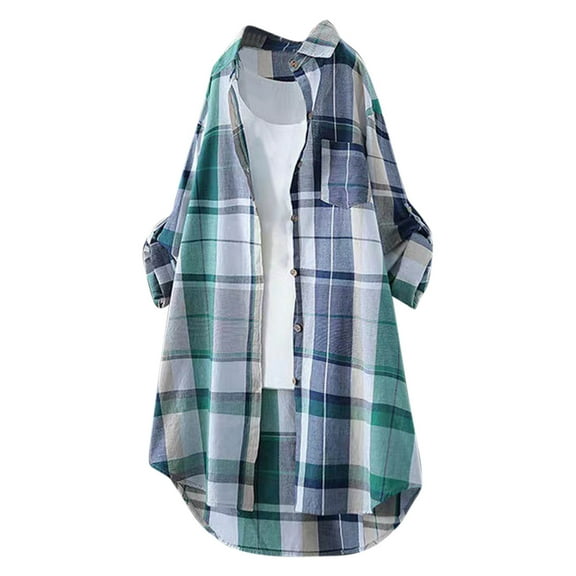 Shirts for Women Lapel Cotton Plaid Printed Button Down Casual Loose Long Sleeve Mid Length Shirts Jackets Green L
