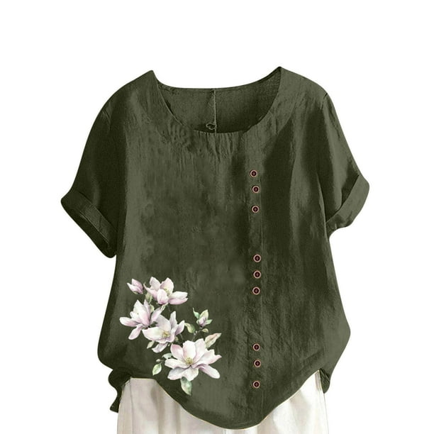 Vestidos Casuales Para Mujer, Blusas De Mujer De Moda Blusa informal de lino con cuello redondo, manga corta y botones para mujer