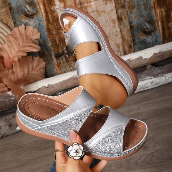 Bkhluea Women Wedge Slide Sandals Glitter Decor Shoes Comfortable For Casual Home Travel Daily Outdoor Activities