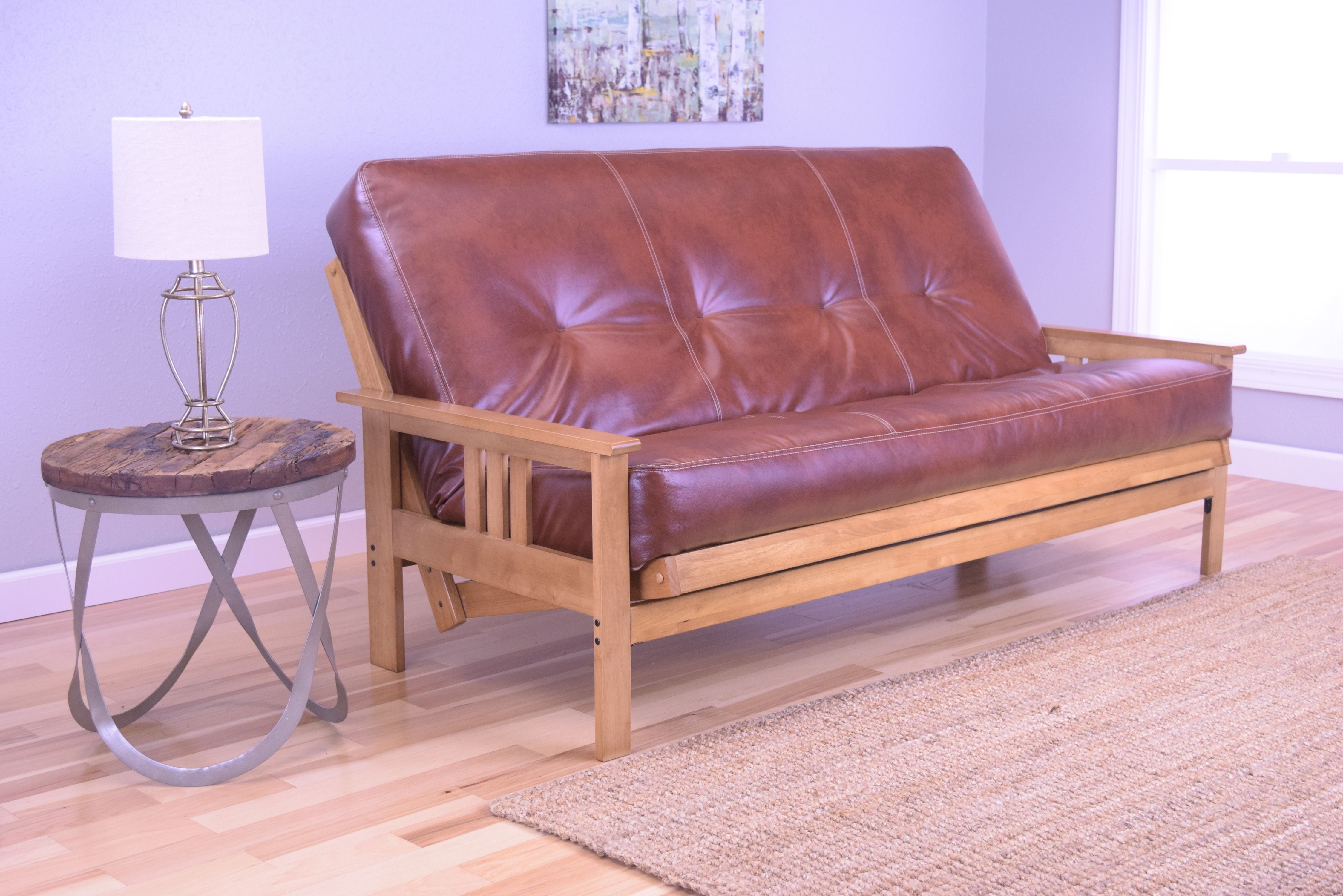 Andover Full Size Futon Sofa Bed, Honey Oak Wood Frame, Bonded Leather