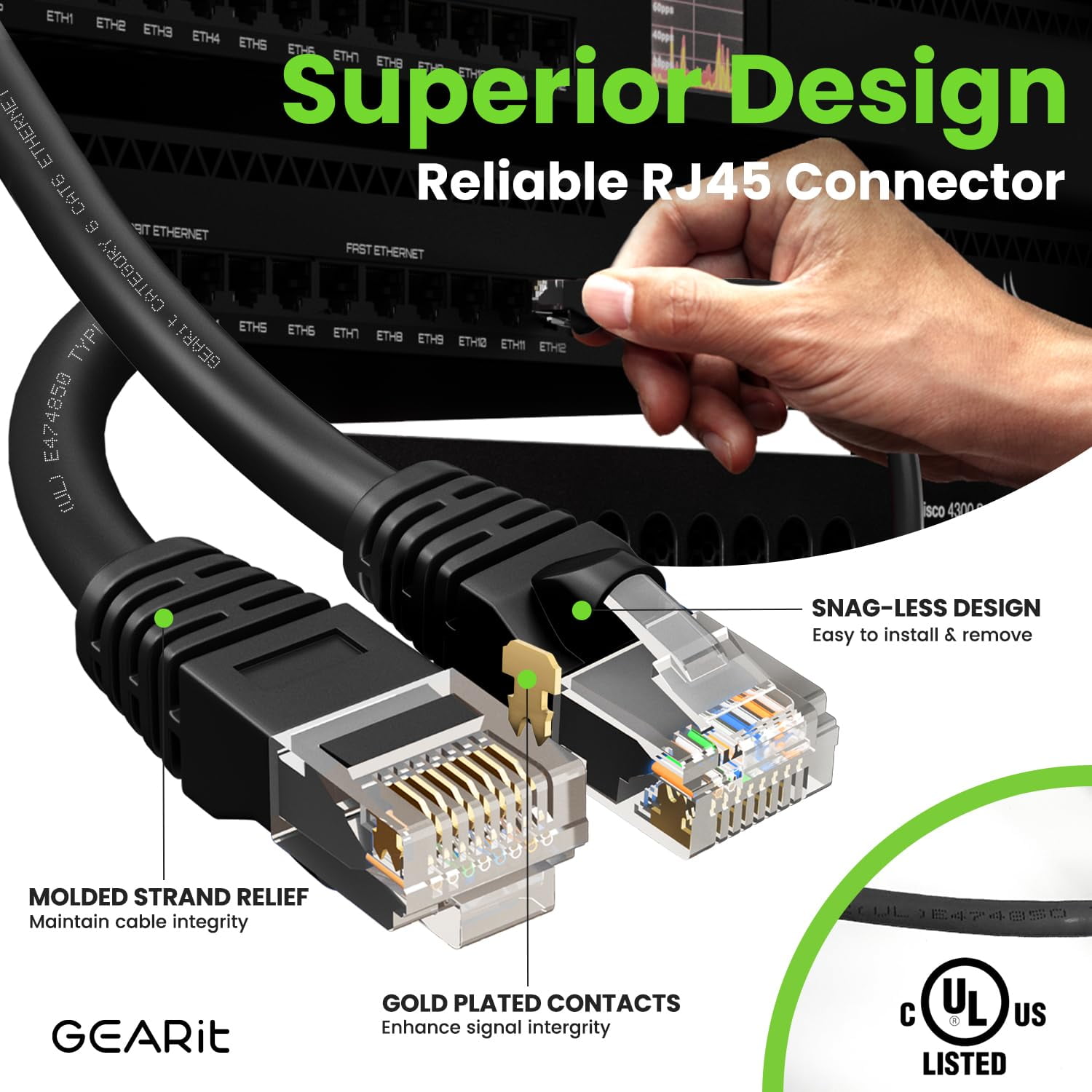 GEARit Cat 6 Ethernet Cable Pack - 5-Pack 100 ft Cat6 Ethernet Patch Cables | RJ45 Network Patch Cable, 10 Gbps Snagless Gold-Plated Connectors - Ethernet Cable Cat 6 for PC, TV, Router - Black