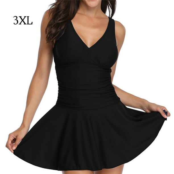 Swimwear V neck Backless Swimsuit Women Summer Swimwear Swimming Dress Shorts Set Black XXXL