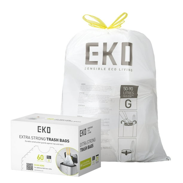 EKO Bolsas de Basura Tamaño G. 50-90 Litros. 60 unidades. Caja dosificación fácil. Compatible con bote de basura EKO, uso en cocina, doméstico, extrafuertes, con cordón