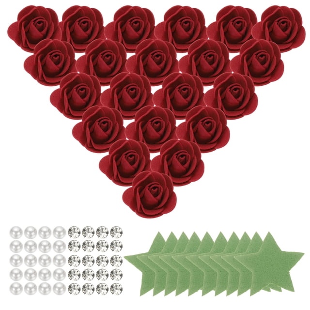 Uxcell 500pcs Cabezas de Rosa de Espuma 1.4" Flores Artificiales a Granel Sin Tallo con Hojas, Perlas y Diamantes para Manualidades, Rojo Vino