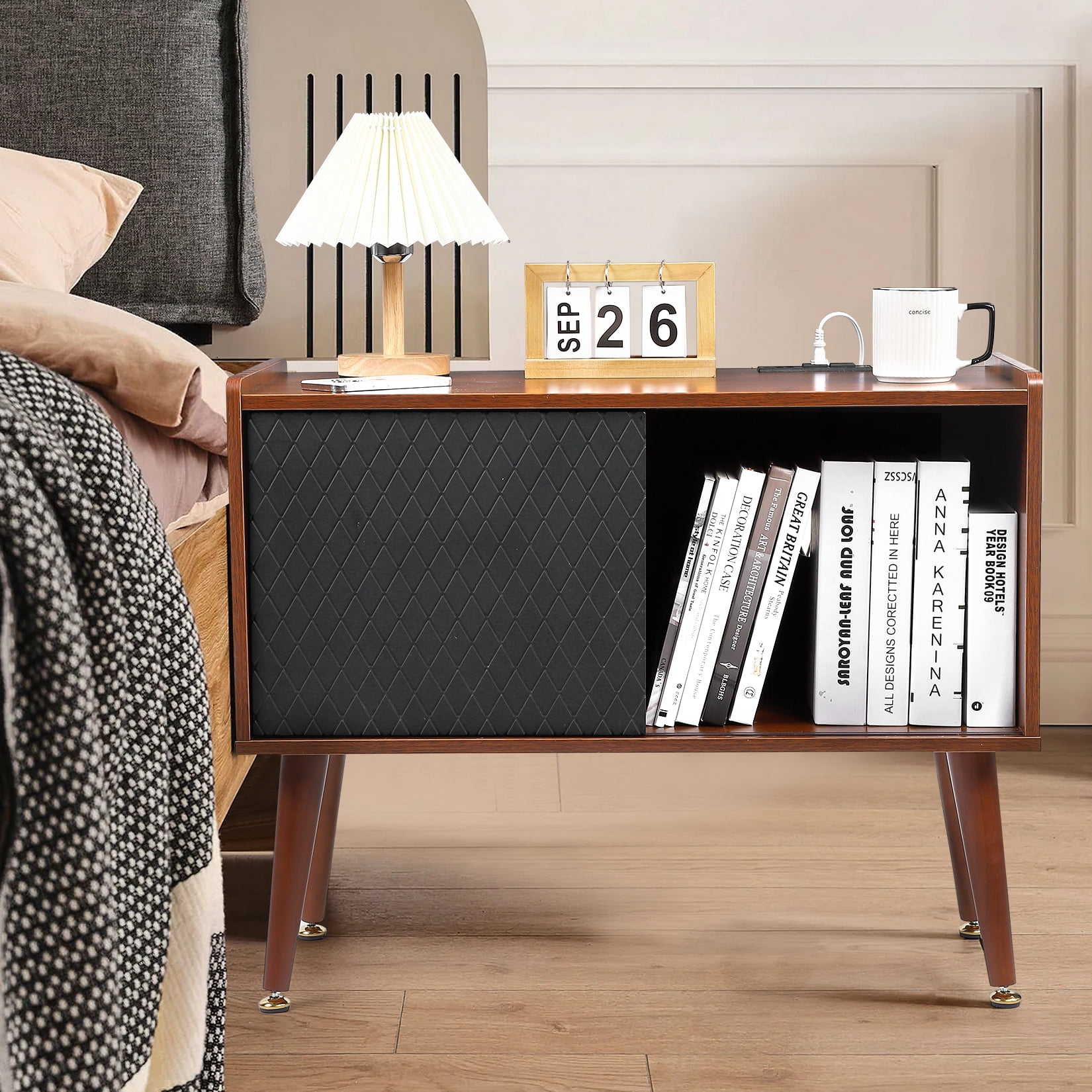 Record Player Stand with Power Outlet, Vinyl Record Storage Cabinet, Turntable Stand, Large Vintage Record Player Table Holds up to 300 Albums, Vinyl Record Cabinet for Living Room,Bedroom
