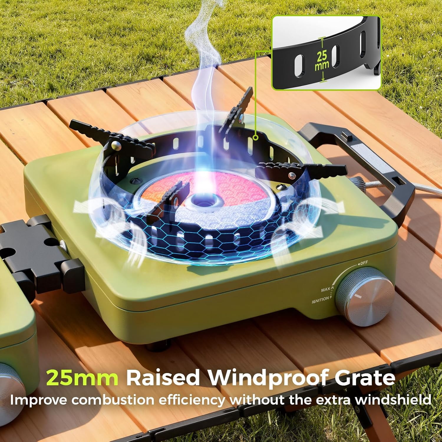 Camping Stove 2 Burners, 36000BTU Propane Camp Stove with Windproof Grates, Portable Folding Camping Gas Stoves Include Frying Pan & Carry Bag for Camp out, Cooking Outdoor, Tailgating, Green