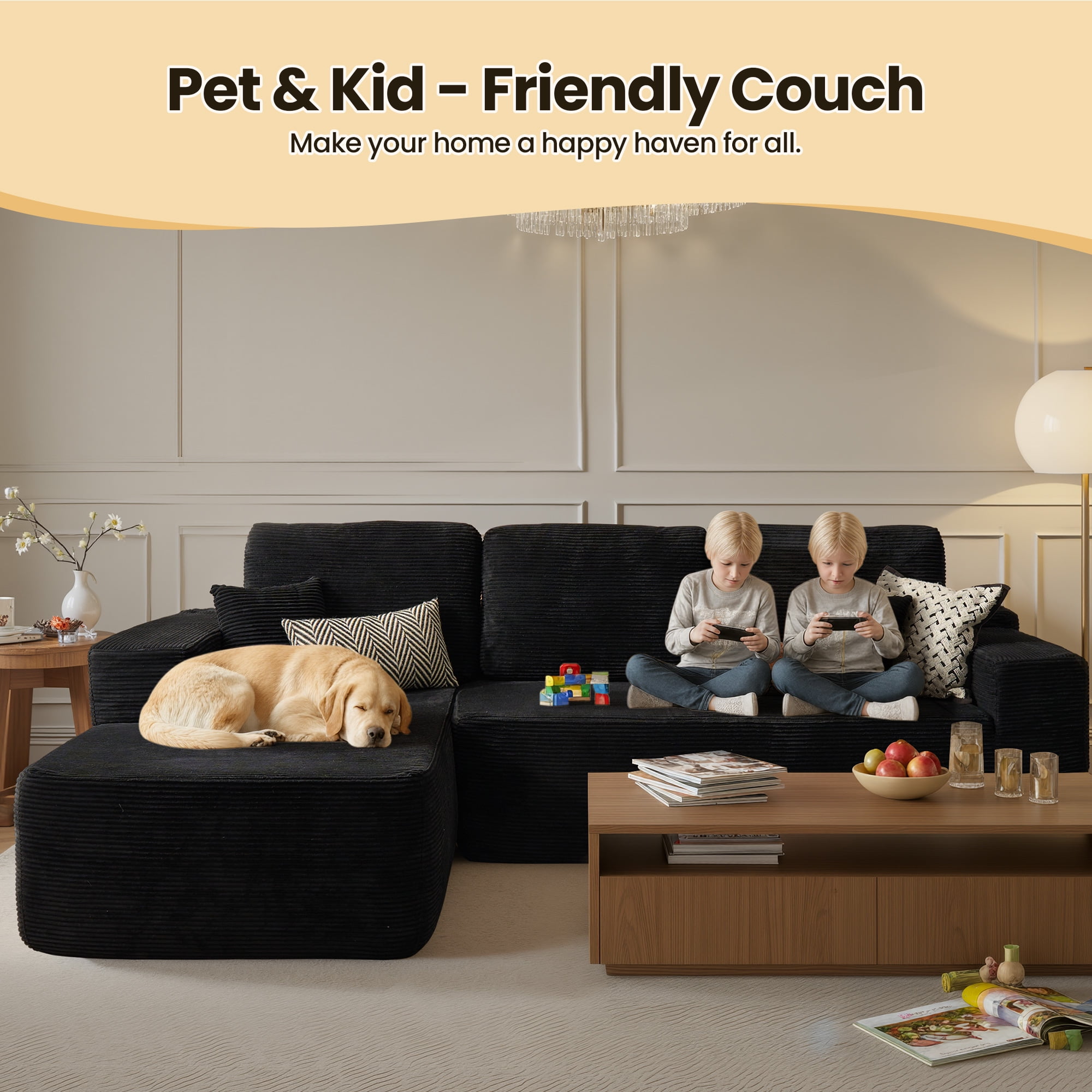 Vcatnet 106" Modular Sectional Sofa Couch Corduroy Cloud Couch L Shaped Modern Minimalist Couch with Chaise for Living Room, Black