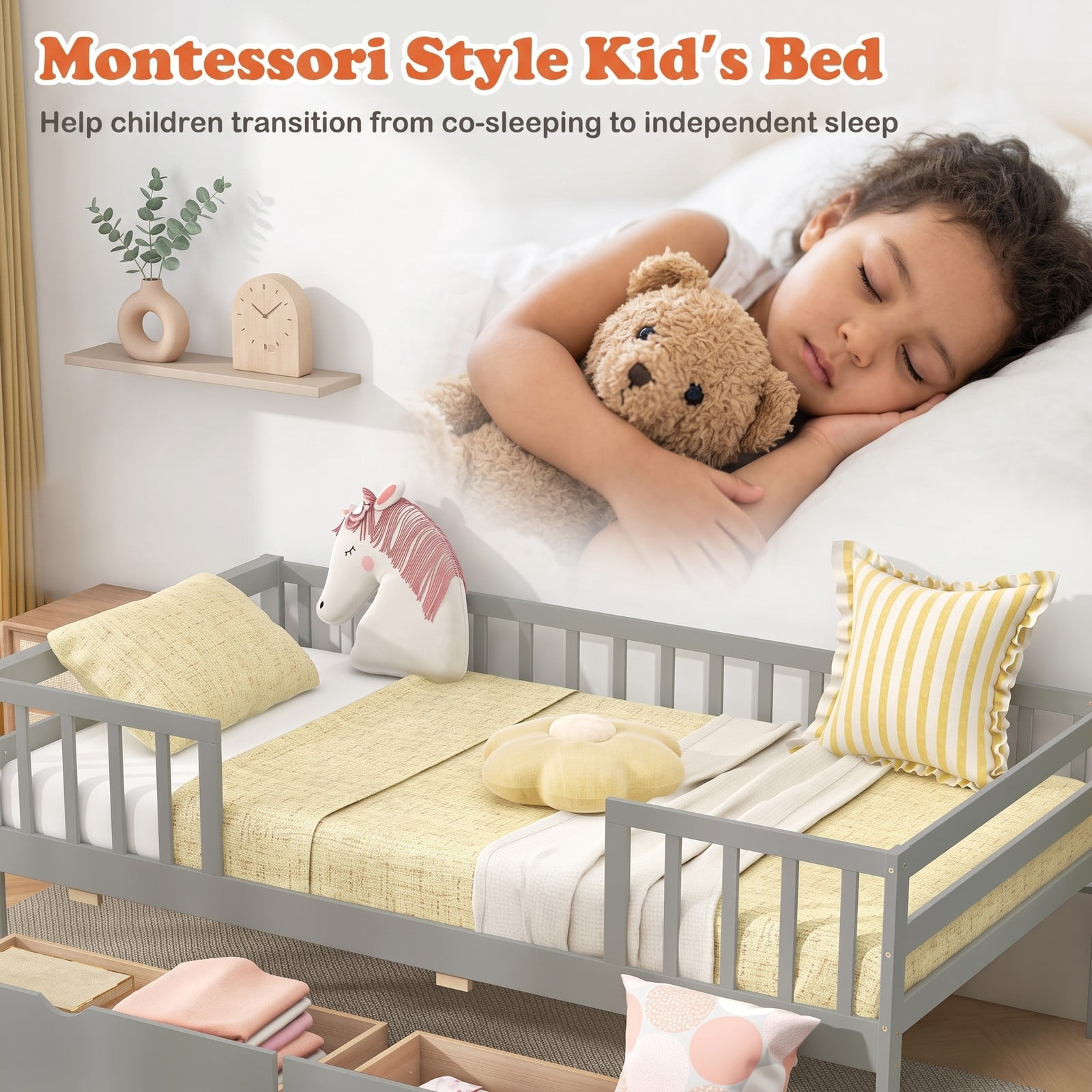 Furnibear Twin Wood Daybed with Full Fence Rails and 2 Pull-Out Storage Drawers for Kids Bedroom and Toddler Play Room, Gray