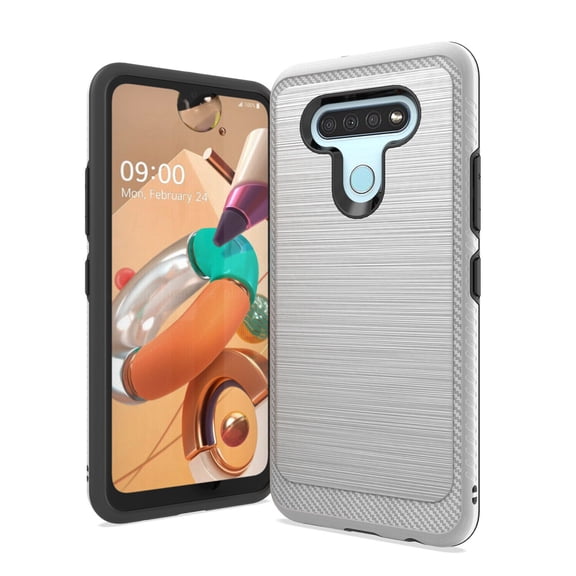 For LG Harmony 4 K400AM / LG Premier Pro Plus L455DL Slim Lining Brushed Hybrid Cell Phone Cover Case Tempered Glass Screen Protector - Lining Silver