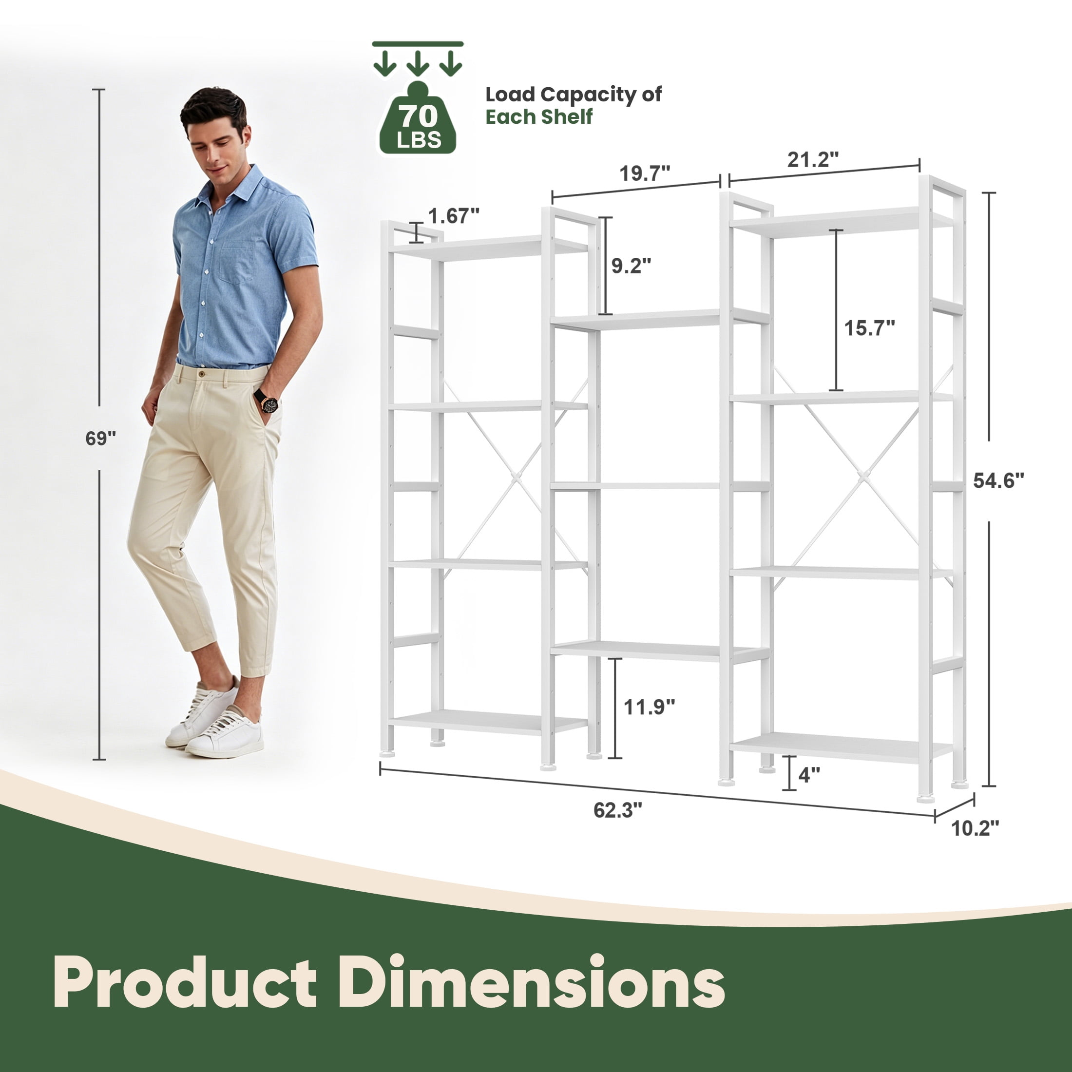CONCETTA Triple 4-Tier Bookshelf with 11 Open Display Shelves, Adjustable Storage Bookcase for Home & Office, Sturdy Steel Frame and Wood Construction, Anti-Tip and Adjustable Feet, White