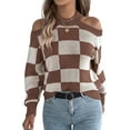 thumbnail image 3 of Women'S Color Block Checkered Off-Shoulder Long Sleeve Y2K Knitted Pullover Tops Vintage Sweater Coffee Color M, 3 of 9