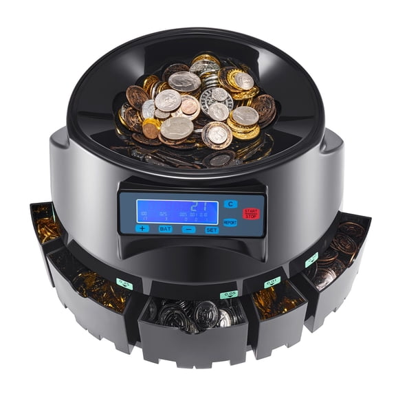 High-Speed Coin Counter & Sorter - 300 Coins/min, Wrapper Roller, LCD Screen for USD Coins