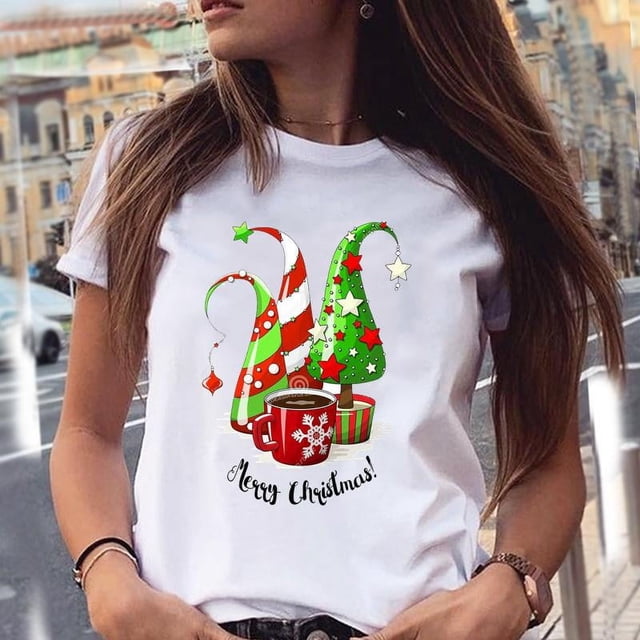 Camiseta de Año Nuevo con estampado de gato y Animal para mujer, ropa con estampado de Feliz Navidad, playera estampada para mujer