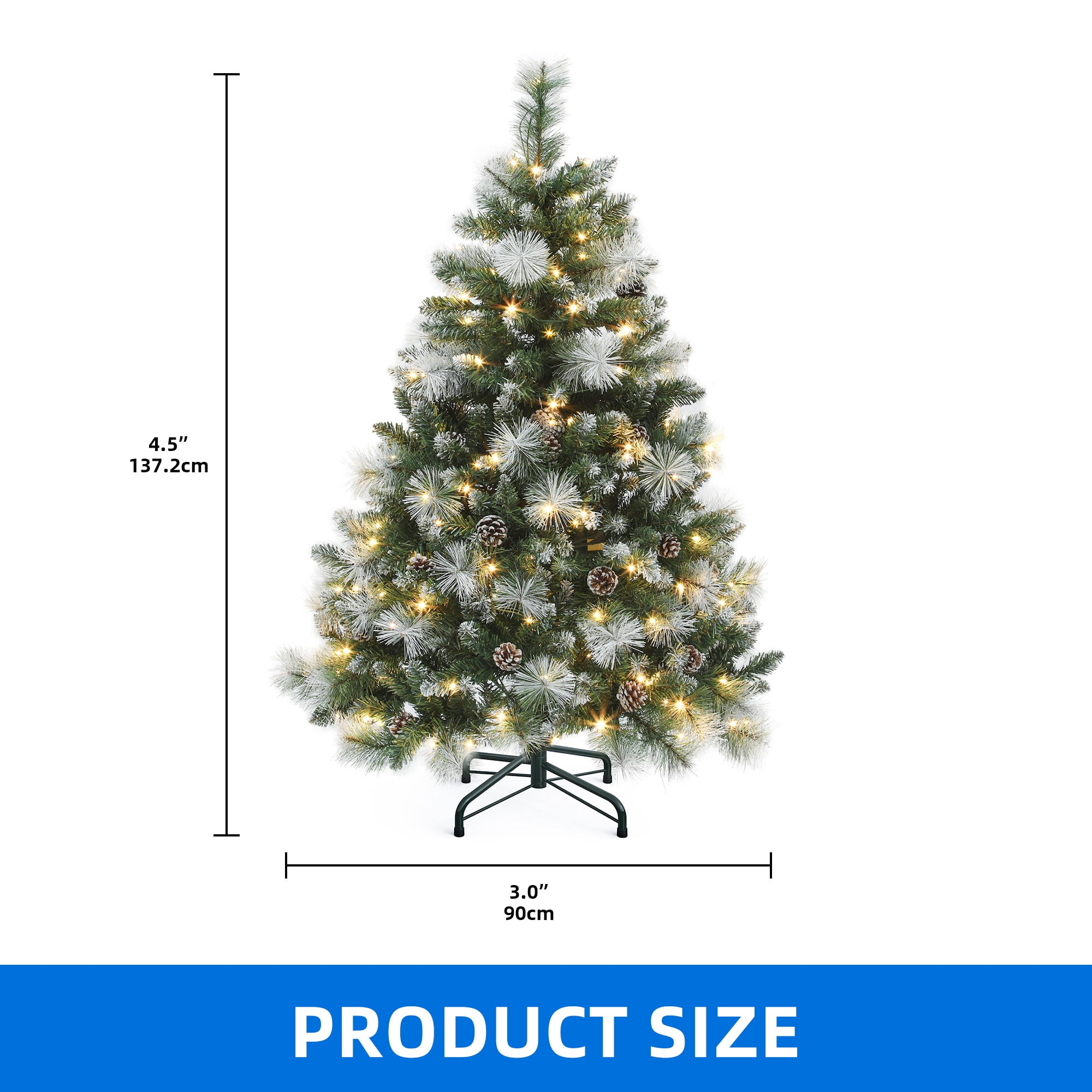 Dextrus 4.5ft Prelit Christmas Tree, Scotch Holiday Christmas Pine Tree with 396 Branch Tips,150 Warm-White Lights & 34 Pine-Cones, Remote Control, 11 modes, Green