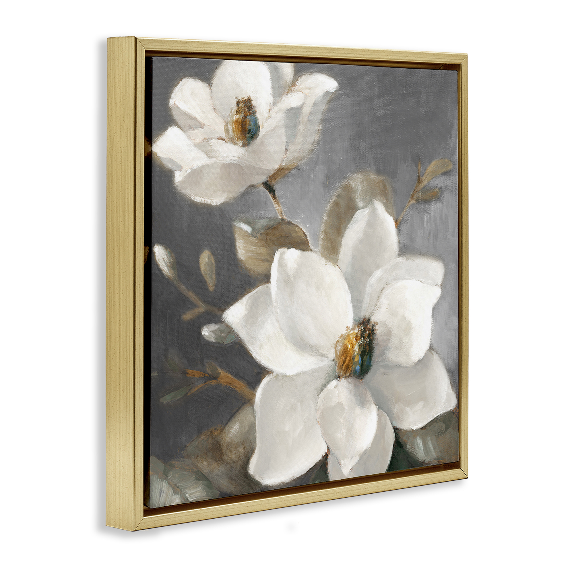 Stupell Industries Magnolias on Grey Botanical & Floral Painting Gold Floater Framed Canvas Art Print Wall Art, 25 x 25