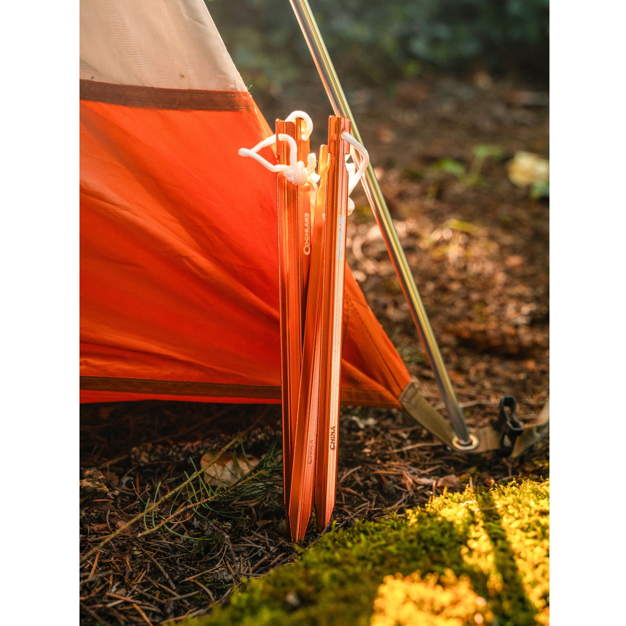 (4 pack) Coghlan's 9" Ultralight Tent Pegs 0.5 oz (14g), Anodized Aluminum, With Easy Pull Nylon Cord For Camping and Backpacking