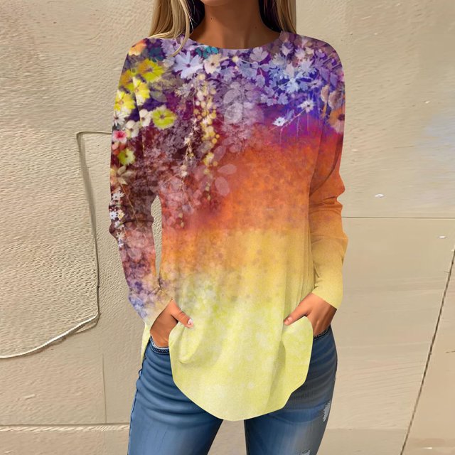 Womens Tops Fall 2023 Round Neck Gradient Flower Printed Blouses Fashion Long Sleeve T-Shirts Tops