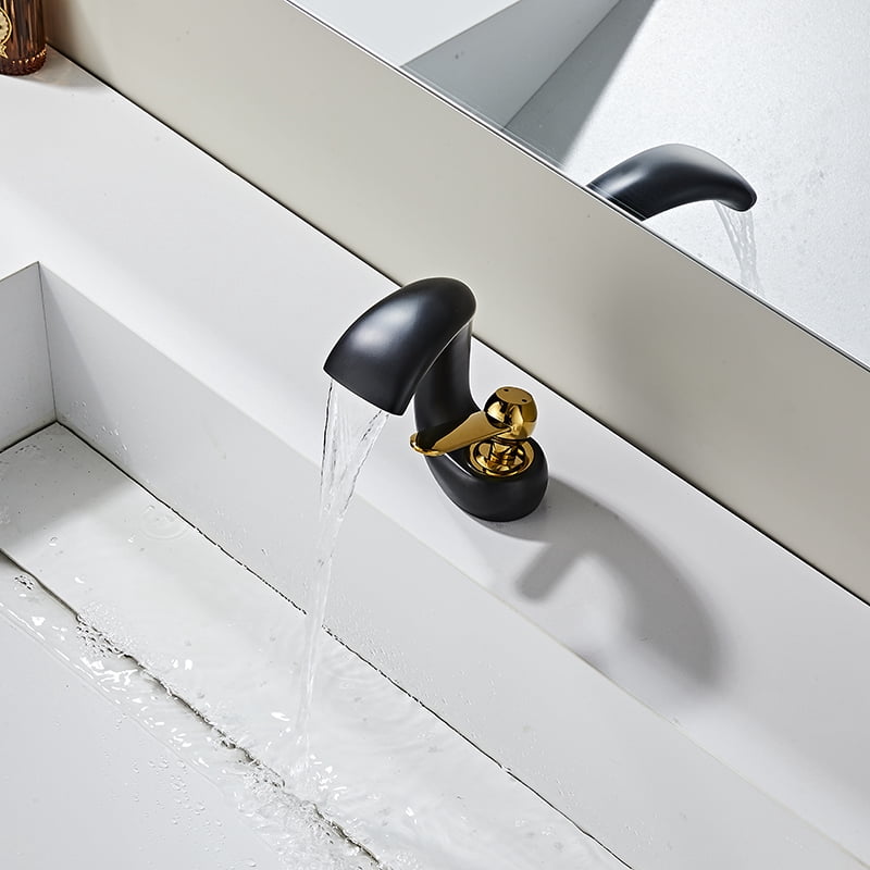 SOKNARKU Bathroom Sink Basin Waterfall Faucet Brass Deck Mount Single Hole Single Handle Cold And Hot Mixed Modern Creative Design Tap Including Two US Standard 3/8 Hoses Black Gold