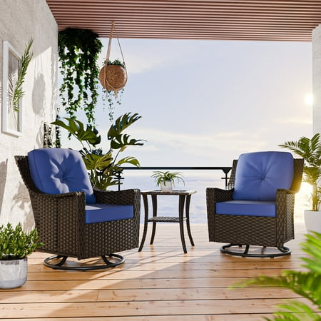 COOS BAY Stone Harbor 3-Piece Brown Wicker Patio Furniture Set Outdoor Conversation Set with Blue Olefin Cushions 360 Degree Swivel Rocking Chairs Side Table
