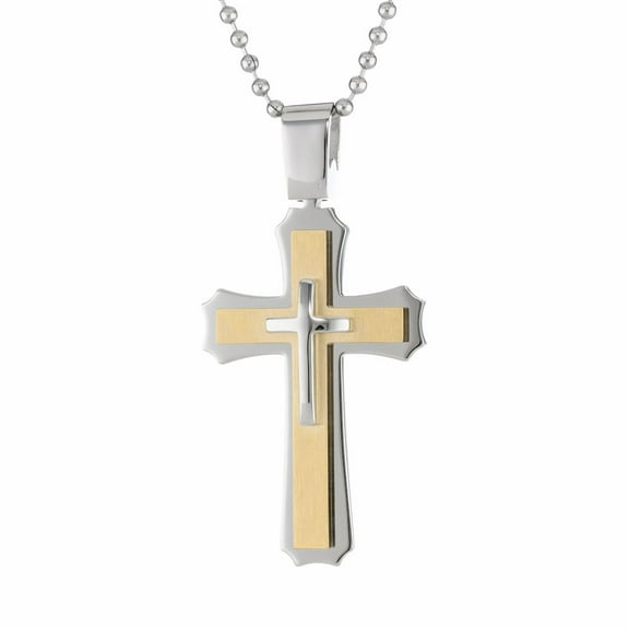 BIG Jewelry Co Stainless Steel Two-tone Layered Cross Pendant Necklace