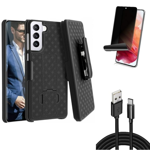 10ft USB Cable w Case Belt Clip w Privacy Screen Protector for Samsung Galaxy S21 Plus - Type-C Charger Cord, Holster Swivel, TPU Film Fingerprint Works Accessory Bundle