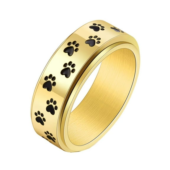 PAURO Women's Paw Print Rotatable Rings 8mm Stainless Steel Cute Dog Cat Paw Print Spinner Band Gold Plated Black Size 7