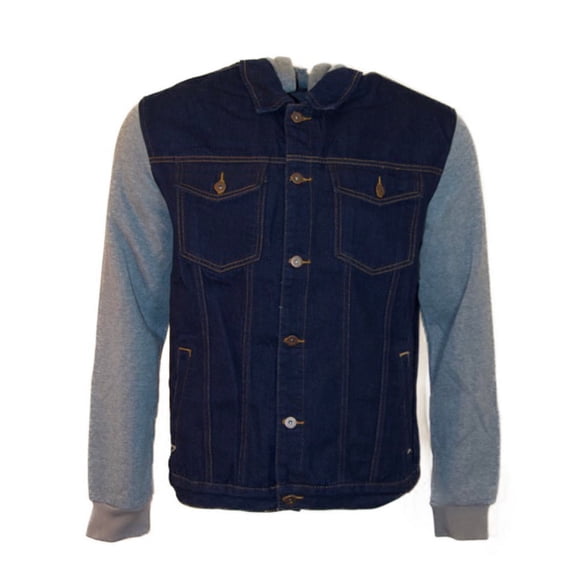 Men's Jean Jacket Hoodie Denim Cotton Long Sleeve Hybrid Hooded Trucker Jacket, Dark Blue, M