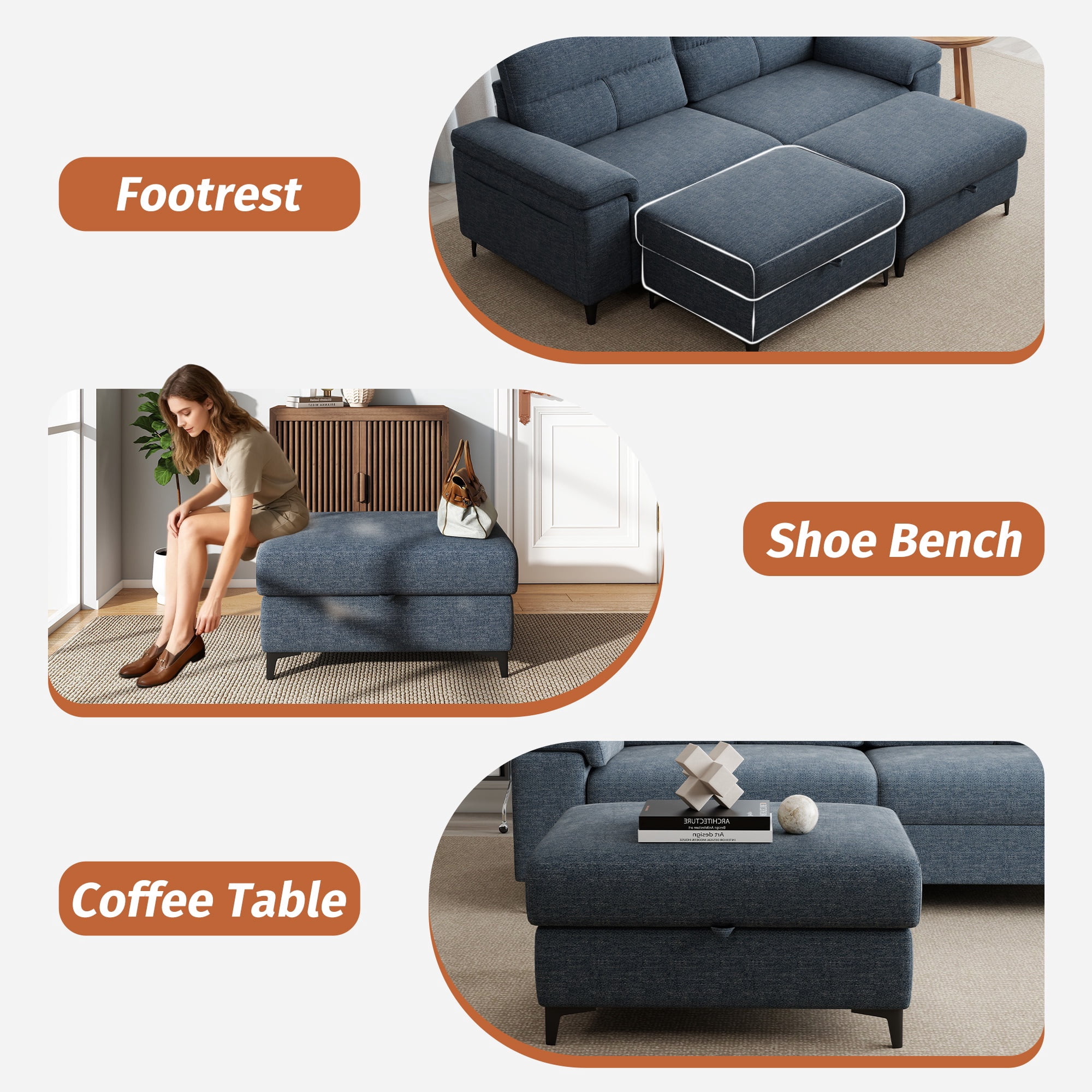 Modular Storage Ottoman for Sectional Sofa Chenille Upholstered Footrest Stool for Living Room Blue