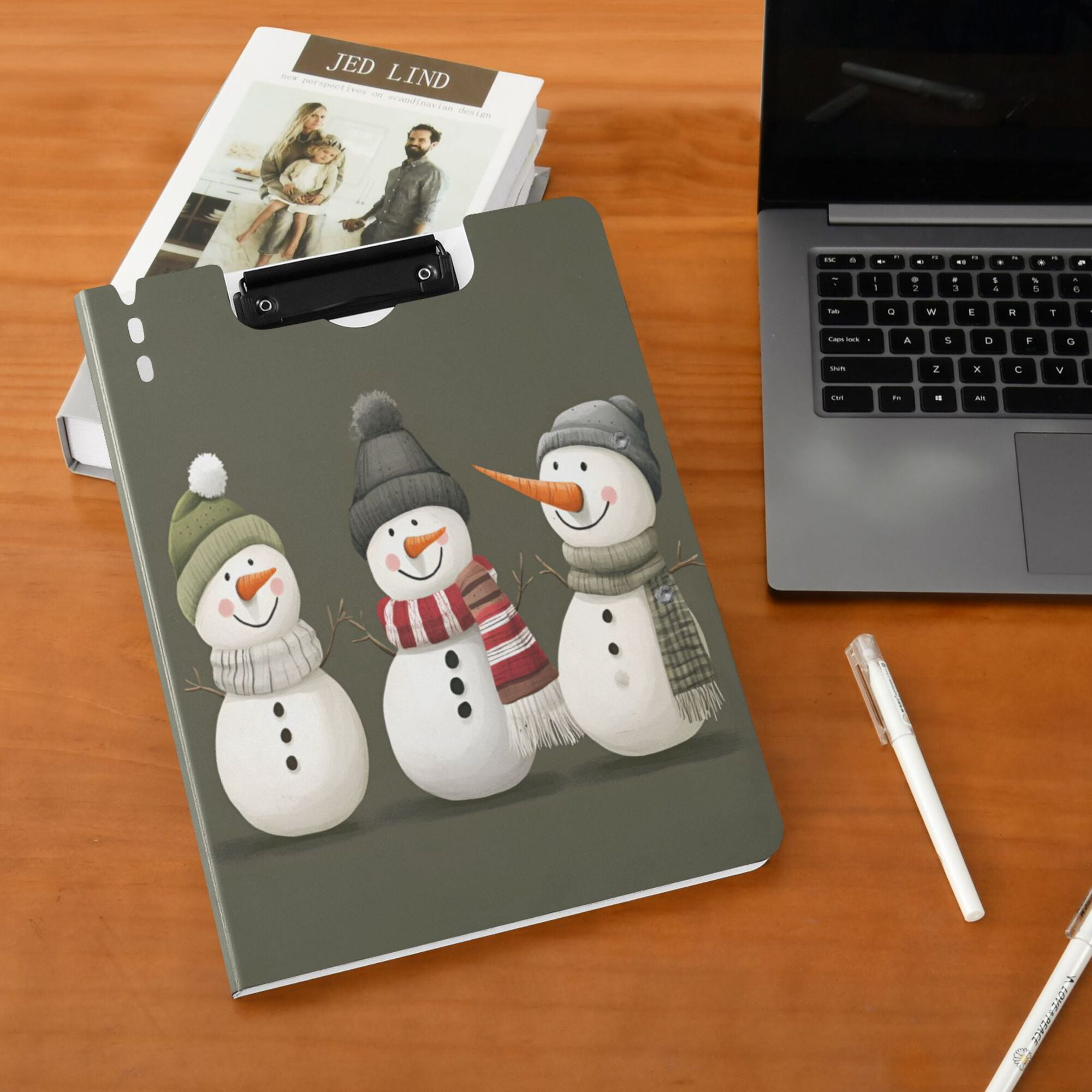 FORMRS A4 Clipboard Folder with Pen Holder Horizontal Foldable School Office Binder, Gray Cute Snowmen