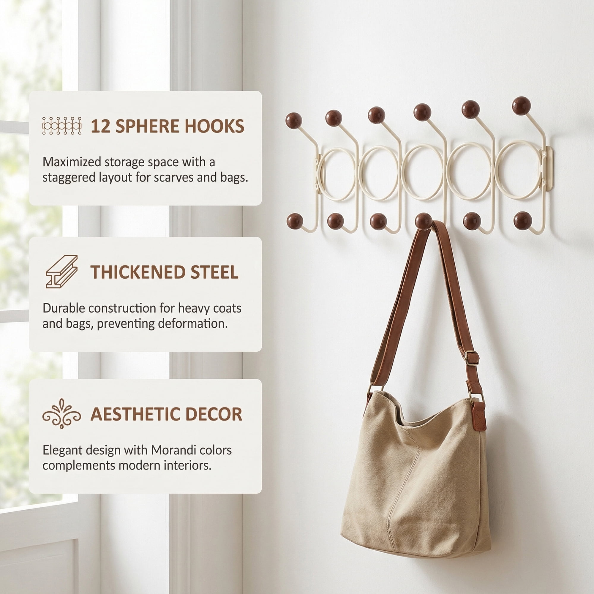 Unique Bargains Coat Rack Wall Mount with 12 Hooks for Entryway Bathroom Brown 43.5"x16.5"